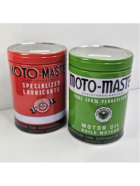 Canadian Tire Moto-Master Oil Red Green Tin Coin Bank Set Promotional Item Decor